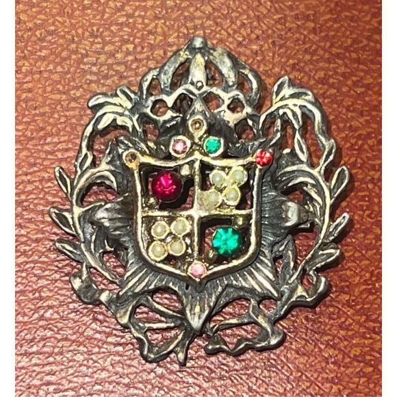 Antique Edwardian Coat of Arms Shield Crest Pink Garnet Emerald Pearls Brooch - Picture 10 of 12